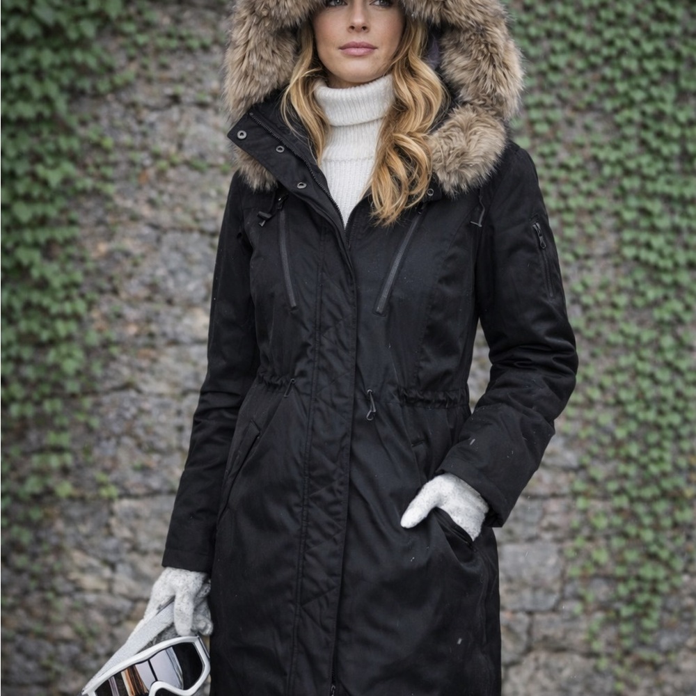 NWT 1 MADISON Black Faux Fur-Trim Hooded Expedition Parka, M